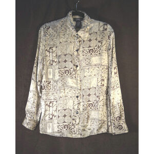 Vintage Studio 3000 Y2K 100% Silk Satin Allover Print Button Up Shirt Long SzL